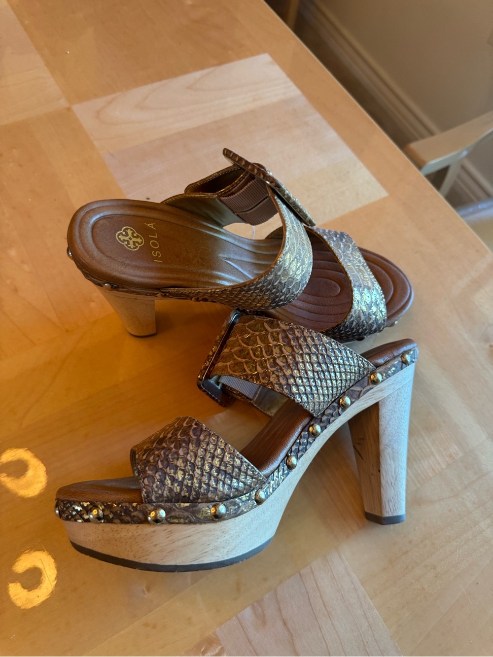 Isola Gold Snakeskin Platform Sandals with Stud Accents